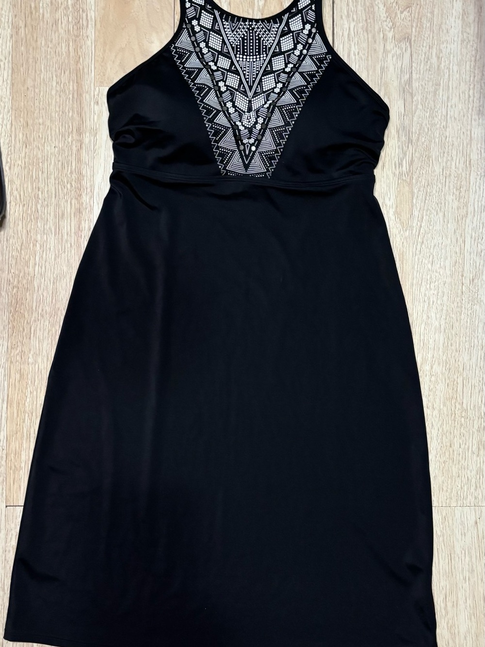 Athleta Ibiza Black Geometric High Neck Swim Dress 34D/DD Boho Beach Gorpcore